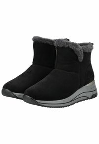 Bottines noires en daim avec une doublure en fourrure grise douce, dotées d'une fermeture éclair sur le côté et d'une semelle en caoutchouc noir texturé.