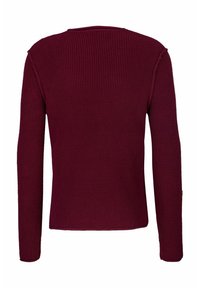 Maglione lavorato a maglia bordeaux con maniche lunghe e finitura testurizzata. Presenta un collo a girocollo e una forma aderente con dettagli senza cuciture.