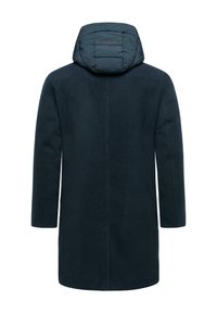 Mornarski kaput od vune s dodatkom, s podstavljenim kapuljačom, ravnog kroja, dugim rukavima i bez vidljivih zatvaranja ili ukrasnih elemenata s leđa.