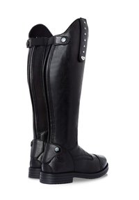 Botas de montar negras hechas de cuero liso y texturizado, con un diseño alto, cremallera trasera, tachuelas decorativas y una suela resistente.