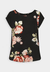 Blouse noire ornée d'un motif floral avec des fleurs rouges, roses et vertes. Manches courtes et encolure ronde avec une fermeture éclair au dos.