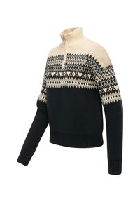 Czarny i beżowy sweter dziany z kołnierzem na pół zamek oraz wzorem fair isle na klatce piersiowej i górnych rękawach.