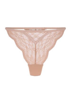 Kanten string in naaktkleur, met bloemrijke kanten details, een gladde stoffen tailleband en een minimalistisch ontwerp met weinig bedekking.