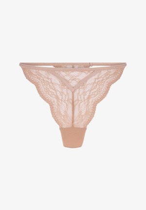 Kanten string in naaktkleur, met bloemrijke kanten details, een gladde stoffen tailleband en een minimalistisch ontwerp met weinig bedekking.