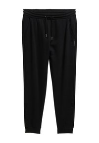 Pantalones jogger negros hechos de una tela ligera con una cintura elástica, cordón, dos bolsillos laterales y puños acanalados en los tobillos.