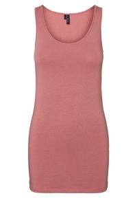 Débardeur rose poussiéreux sans manches avec encolure ronde, coupe ajustée, et étiquettes de taille et de marque noires au dos du col.