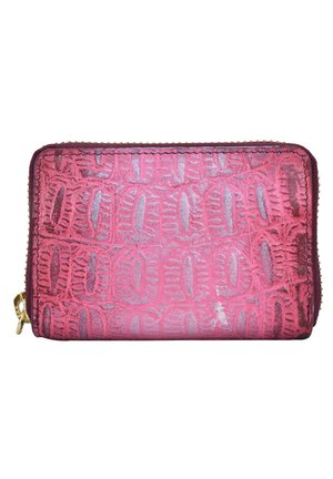 Rechteckige rote Geldbörse mit geprägter Reptilienhautstruktur und einem goldfarbenen Reißverschluss entlang der oberen und seitlichen Kanten.