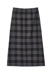 Jupe grise à carreaux avec un design droit, fabriquée dans un tissu texturé, avec des accents noir et blanc et une fermeture éclair dissimulée au dos.