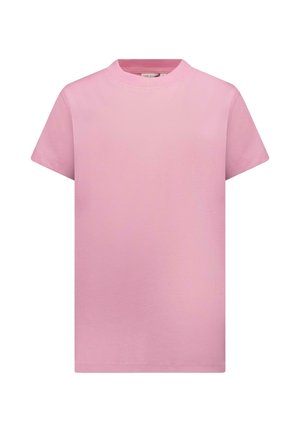Roze katoenen T-shirt met een ronde hals, korte mouwen en een gladde textuur. Geen zichtbare patronen of accenten, eenvoudig ontwerp.