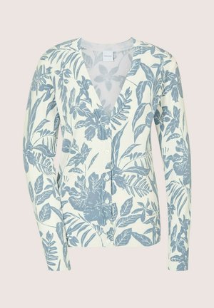 Witte cardigan met knopen, lange mouwen en blauwgrijze botanische blad- en bloemenprint overal.