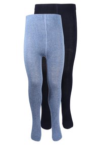 Zwei Paare Strumpfhosen: eine in hellblau mit geripptem Muster, die andere in mattschwarz. Beide besitzen ein nahtloses Taillenband-Design.