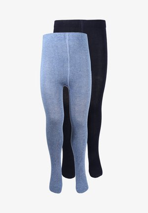 Due paia di collant: una in azzurro chiaro con una texture a coste, l'altra in nero uniforme. Entrambi presentano un design della vita senza cuciture.