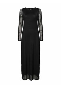 Dlouhá černá šaty s přiléhavým siluetou, průhlednými dlouhými rukávy, kulatým výstřihem a rovním lemem. Textilie vypadá hladce.