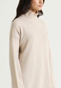 Pull à col roulé beige clair en tissu tricoté doux ; possède un col montant côtelé et une coupe légèrement oversize avec épaules tombantes.