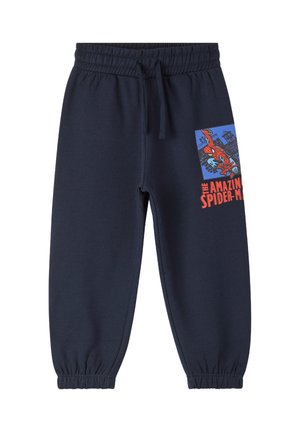 Pantaloni della tuta blu navy con cintura elastica e polsini, caratterizzati da una grafica colorata di Spider-Man sulla gamba sinistra.