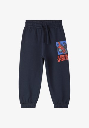 Granatowe dresy z elastycznym pasem i mankietami, z kolorową grafiką Spider-Mana na lewej nodze.