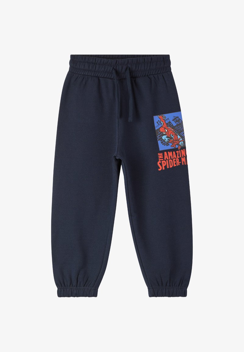 Granatowe dresy z elastycznym pasem i mankietami, z kolorową grafiką Spider-Mana na lewej nodze.