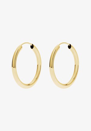 Orecchini a cerchio in oro con una finitura liscia e lucida, forma circolare e design della chiusura senza cuciture, caratterizzati da una superficie brillante e senza decorazioni.