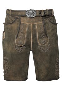 Café leren shorts met decoratieve borduursels, een metalen sluiting en zijzakken met een gestructureerde afwerking.