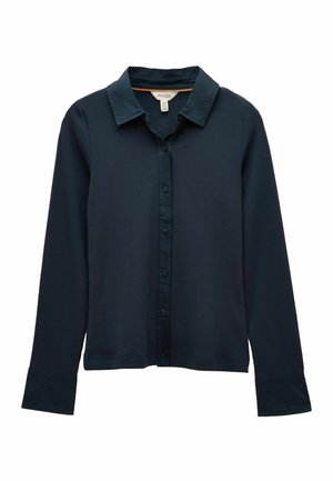 Dark blue long-sleeve shirt with a collared neckline, button front, and ribbed texture. Features wide cuffs and a subtle sheen.