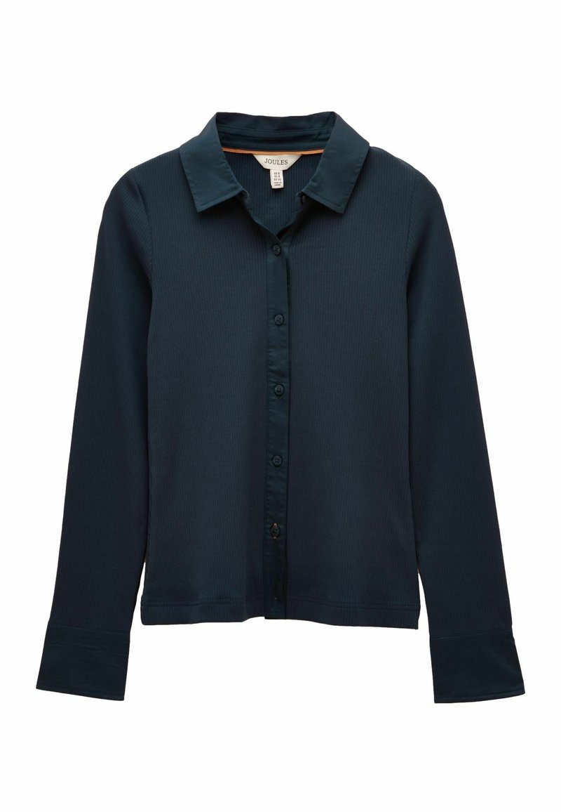 Dark blue long-sleeve shirt with a collared neckline, button front, and ribbed texture. Features wide cuffs and a subtle sheen.