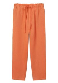 Orange linen pants with an elastic waistband and drawstring. Straight leg design, lightweight texture, minimal stitching details.