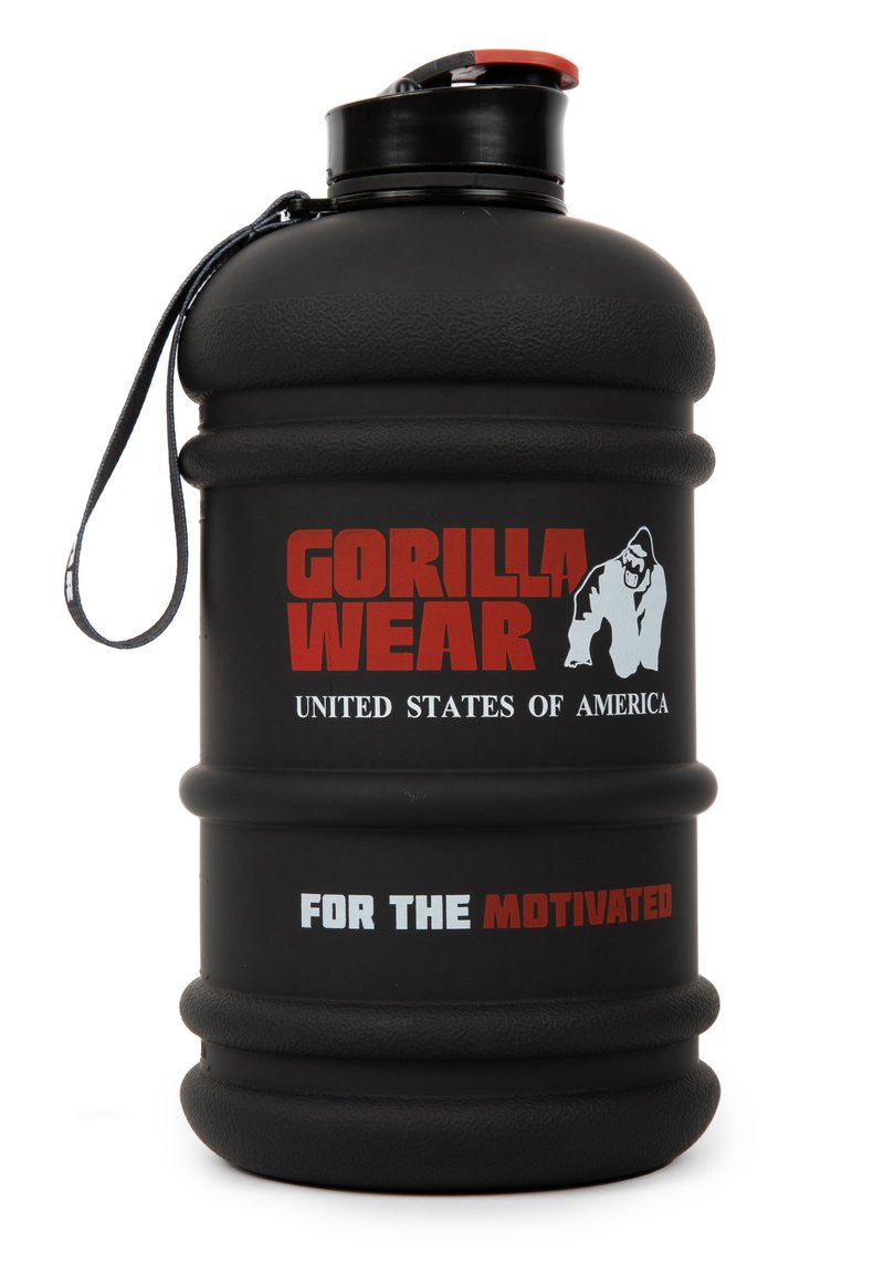 Black plastic water bottle with textured surface, featuring a red twist cap. Displays "Gorilla Wear," "United States of America," and "For The Motivated" in bold lettering.