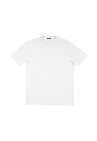 T-shirt bianco in cotone con collo rotondo, maniche corte e taglio dritto. Tessuto liscio, senza fantasie o dettagli. Design semplice e sobrio.