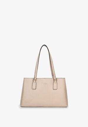 Sac à main en cuir beige avec deux anses, forme rectangulaire et logo de la marque subtilement embossé au centre avant.