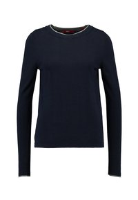 Marinblå långärmad tröja med rund halsringning, tillverkad av mjukt stickat tyg. Har en kontrasterande kragkant. Enkel, figurnära design.