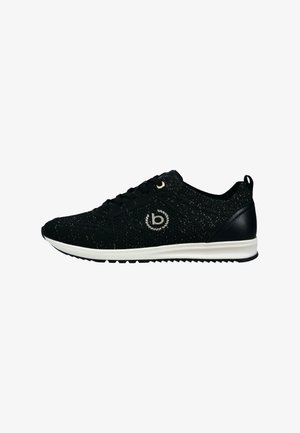 Black knit sneaker with white sole, lace-up front, and metallic logo detail on side, featuring textured sole for grip.