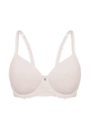 Weißer gepolsterter BH mit verstellbaren Trägern, dezentem Hahnentrittmuster auf den Körbchen, Spitzenbesatz am unteren Rand und kleinem Herzanhänger in der vorderen Mitte.