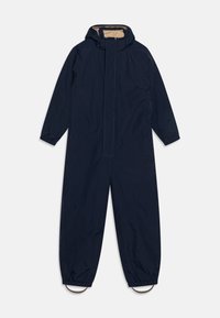 Navy blue waterproof jumpsuit with a hood, elastic cuffs, front zip closure, and side pockets. Smooth texture, practical design.