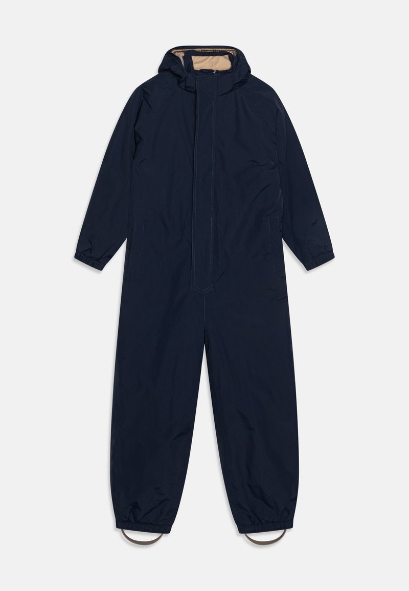 Navy blue waterproof jumpsuit with a hood, elastic cuffs, front zip closure, and side pockets. Smooth texture, practical design.