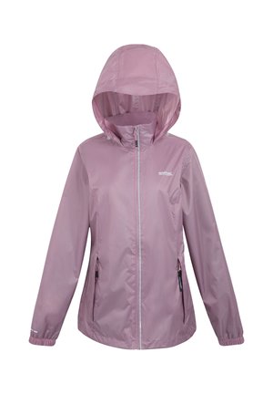 Chaqueta impermeable para mujer en color lila claro con capucha, cremallera frontal y bolsillos laterales con cremallera, puños elásticos y cuello alto.