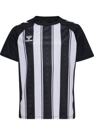 Koszulka sportowa z krótkim rękawem w czarno-białe pionowe paski, czarne rękawy oraz logo Hummel na górnej lewej części klatki piersiowej.