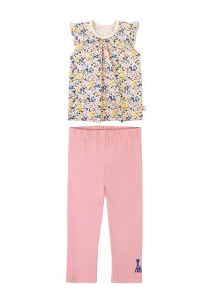 Top senza maniche a stampa floreale con spalline a volant e leggings rosa con un accento di giraffa blu all'orlo.