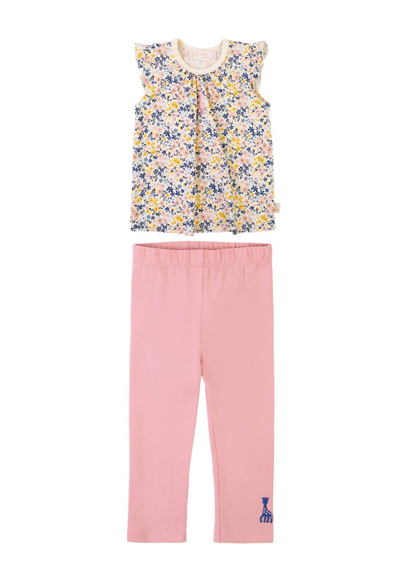Top senza maniche a stampa floreale con spalline a volant e leggings rosa con un accento di giraffa blu all'orlo.