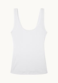 Débardeur blanc avec un décolleté arrondi et de larges bretelles. Fabriqué en tissu côtelé, il présente une coupe ajustée et un ourlet qui se situe au niveau des hanches.