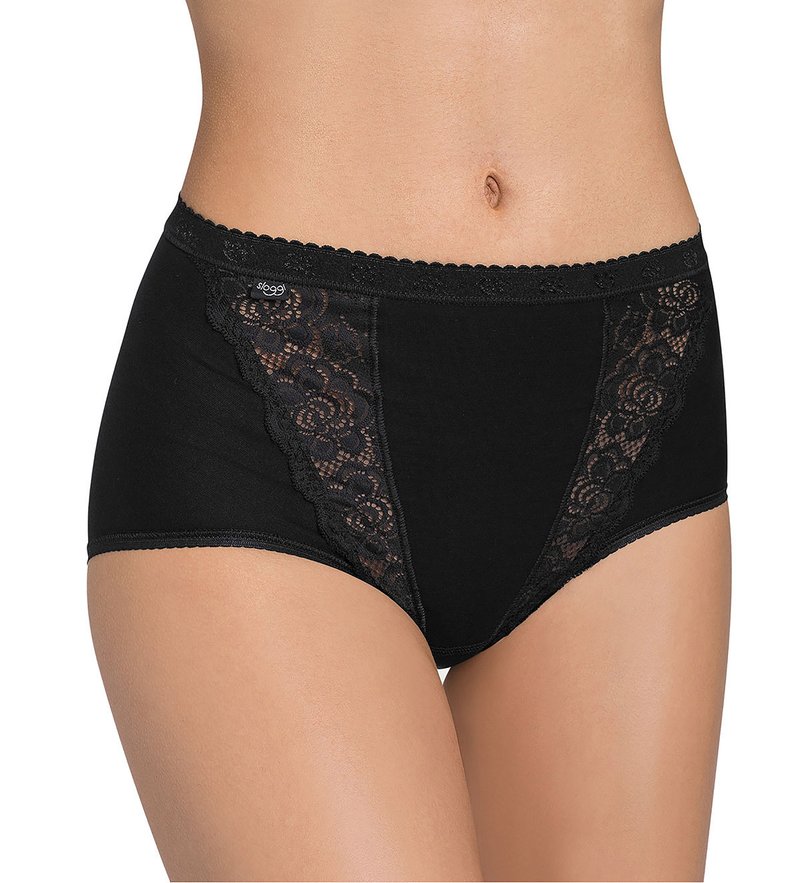 Culotte noire en coton avec des accents en dentelle sur les côtés, une taille scallopée et une texture lisse sur l'ensemble.