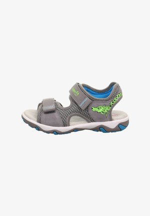 Gray sandal with a breathable mesh upper, blue accents, adjustable straps, and a green dragon design on the side. White sole with blue details.