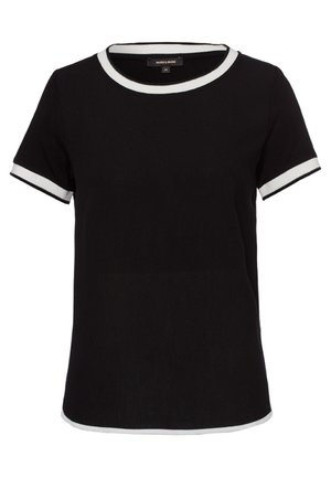 Sort kortærmet skjorte med hvid kant på krave, ærmer og kant, størrelse 36, mærket "More & More."