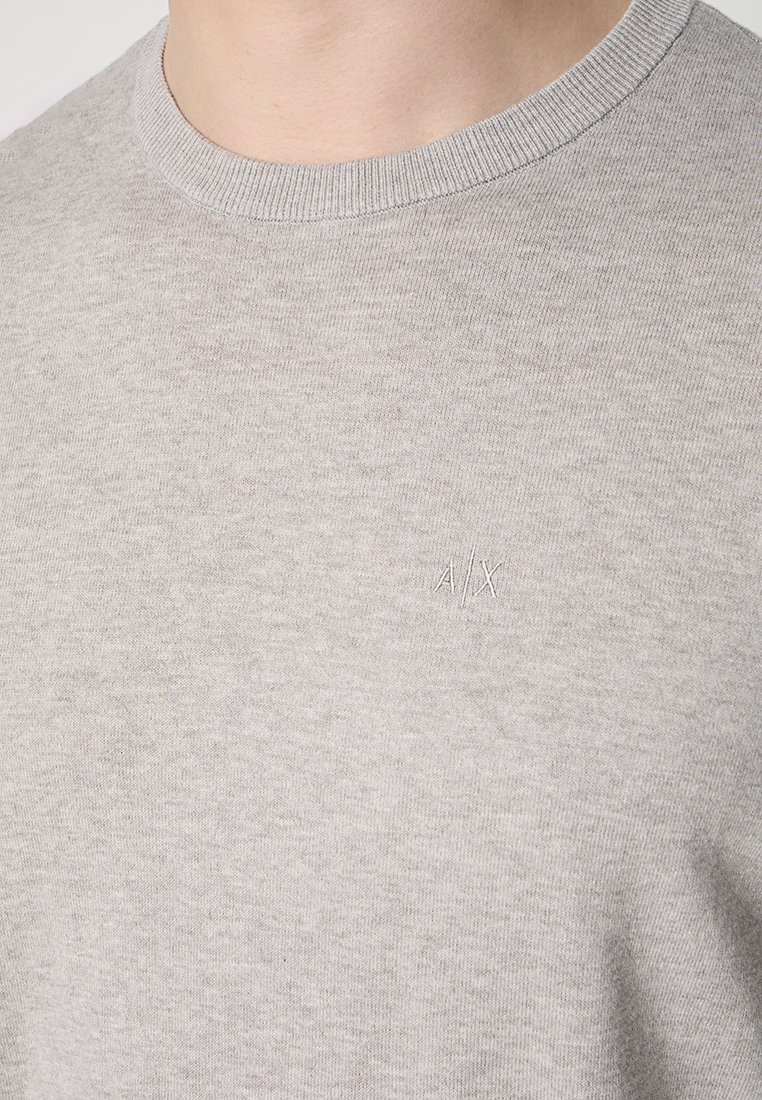 Hellgrauer Pullover mit Rundhalsausschnitt und geripptem Kragen. Verfügt über dezente Steppdetails des Logos im Brustbereich. Weiche Textur.