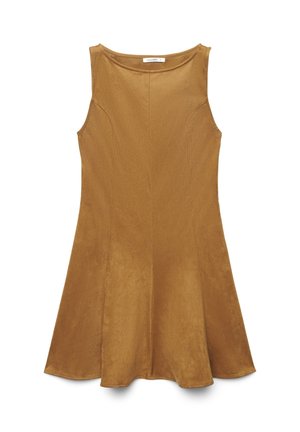 Ärmelloses Kleid aus weichem, strukturiertem Stoff. Es verfügt über ein tailliertes Oberteil und einen ausgestellten Rock in einem warmen Senfton. Einfaches Design des Ausschnitts.