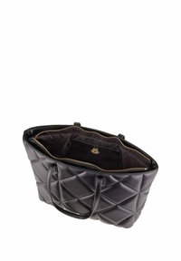 Borsa a tracolla nera trapuntata con doppio manico, apertura superiore che mostra un scomparto interno con cerniera e una piccola tasca con chiusura a bottone.