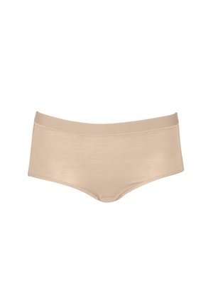 Beige seamless cotton-blend women's hipster underwear with wide elastic waistband and full coverage design.