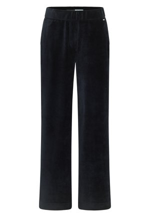 Donkerblauwe corduroy broek met een wijd beenontwerp, elastische tailleband en subtiele verticale ribbelstructuur. Geen zichtbare hardware of accenten.