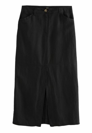 Falda midi de lino negra con abertura frontal, que cuenta con dos bolsillos laterales y cierre de botón en la cintura. Textura lisa y diseño de corte recto.
