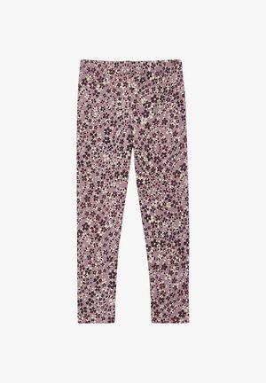 Vaikų legginsai, pagaminti iš tamprios medžiagos, su purpuriniu pagrindu ir mažomis gėlių raštais tamsiai purpurinės, baltos ir kreminės spalvų. Be kišenių.