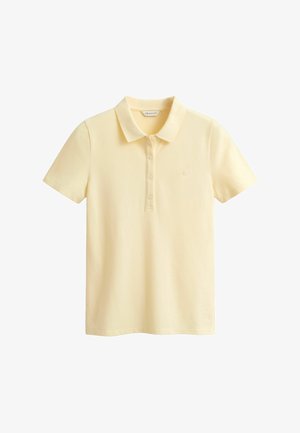 Lichtgele korte mouw polo met kraag en vier knopen, met een subtiel geborduurd logo op de linkerborst.